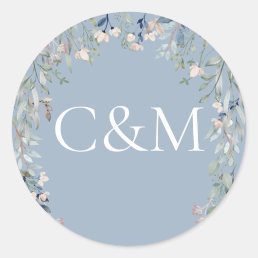 Wilde Bloemen Bloemstof Stof Blauw Monogram Ronde Sticker (Voorkant)
