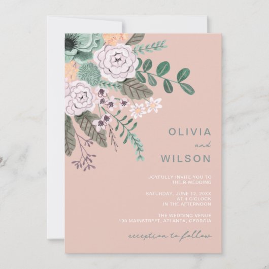 Wilde bloemen blozen roze eucalyptusbruinbruiloft kaart (Voorkant)