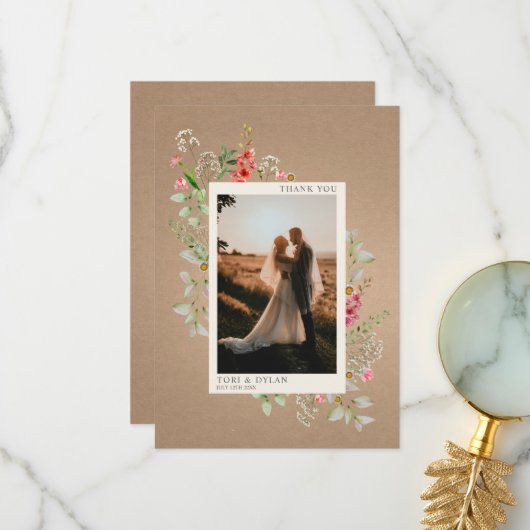 Wilde bloemen Boho Botanical Weddenfoto Bedankkaart (Voorkant / Achterkant in situ)