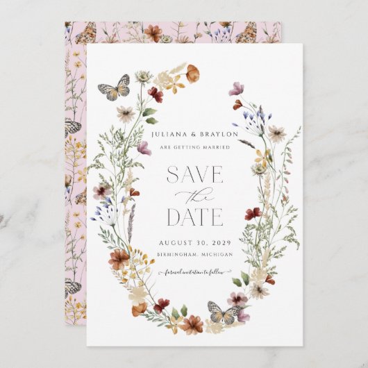 Wilde bloemen Boterfly Floral sparen de datum Save The Date (Voorkant / Achterkant)
