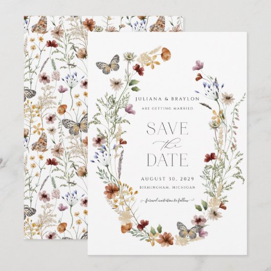 Wilde bloemen Boterfly Floral sparen de datum Save The Date (Voorkant / Achterkant)