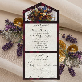 Wilde Bloemen & Bourgogne Lint Bruiloft All In One Uitnodiging