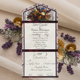 Wilde Bloemen, Bourgondisch Lint & Kanten Bruiloft All In One Uitnodiging