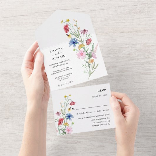 Wilde Bloemen Bruiloft All In One Uitnodiging (Afscheurbaar)