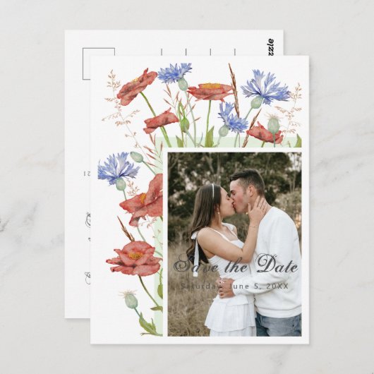Wilde bloemen bruiloft met foto's op datum briefkaart (Voorkant / Achterkant)