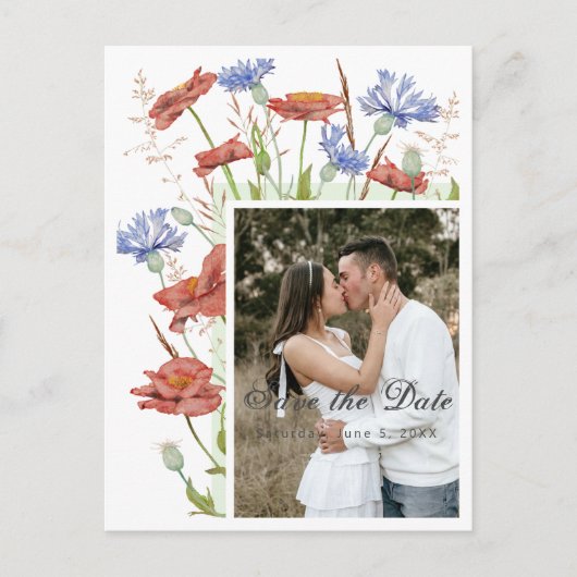 Wilde bloemen bruiloft met foto's op datum briefkaart (Voorkant)