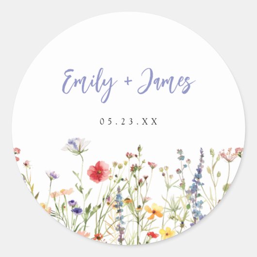 Wilde Bloemen Bruiloft Ronde Sticker (Voorkant)