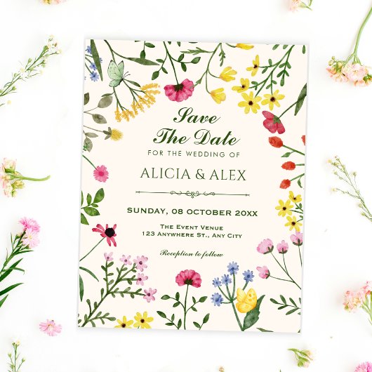 Wilde bloemen bruiloft save the date