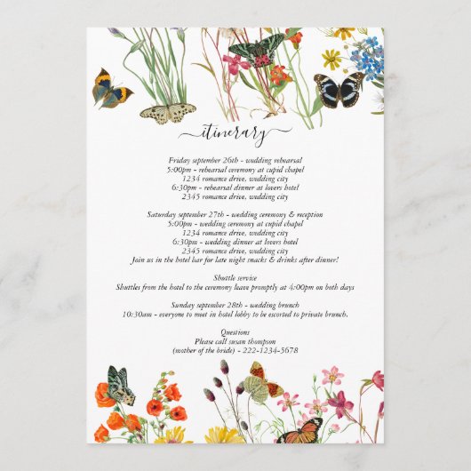 Wilde bloemen Butterflies Floral Weduwroute Programmakaart (Achterkant)