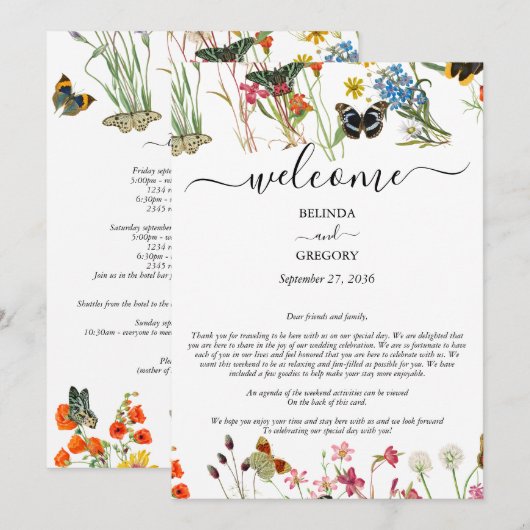 Wilde bloemen Butterflies Floral Weduwroute Programmakaart (Voorkant / Achterkant)