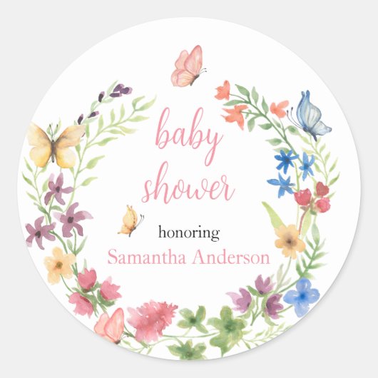 Wilde bloemen Butterflies Waterverf Baby shower Ronde Sticker (Voorkant)