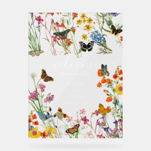 Wilde bloemen Butterflies Weddenschap Welkomstteke Acryl Bord (Voorkant)