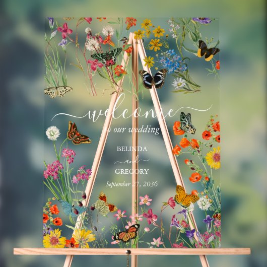 Wilde bloemen Butterflies Weddenschap Welkomstteke Acryl Bord (Neutraal)