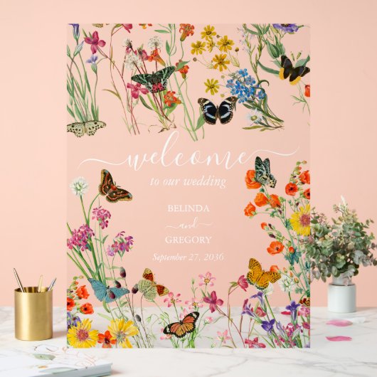 Wilde bloemen Butterflies Weddenschap Welkomstteke Acryl Bord (Huwelijk)