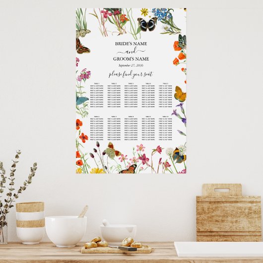 Wilde bloemen Butterflies Wedding Seding Chart Poster (Keuken)