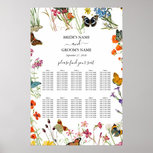 Wilde bloemen Butterflies Wedding Seding Chart Poster (Voorkant)