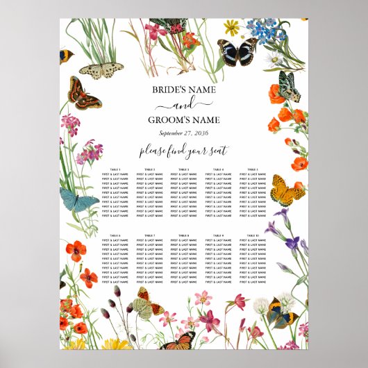 Wilde bloemen Butterflies Wedding Seding Chart Poster (Voorkant)