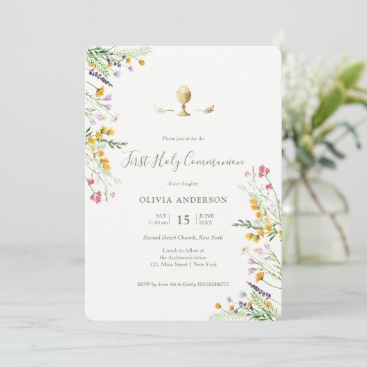 wilde bloemen calice eerste communie uitnodiging (Staand voorkant)
