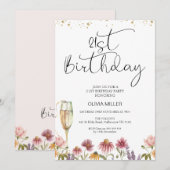 Wilde bloemen Champagne Glass 21st Birthday Kaart (Voorkant / Achterkant)