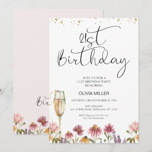 Wilde bloemen Champagne Glass 21st Birthday Kaart (Voorkant / Achterkant)