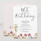 Wilde bloemen Champagne Glass 30th Birthday Kaart (Voorkant / Achterkant)