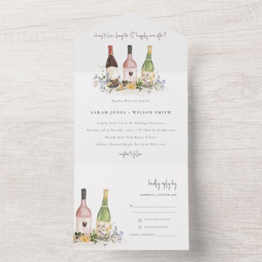 Wilde bloemen Cheers to Love Wine Bottles Weddensc All In One Uitnodiging (Binnen)