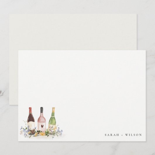 Wilde bloemen Cheers to Love Wine Bottles Weddensc Notitiekaartje (Voorkant / Achterkant)