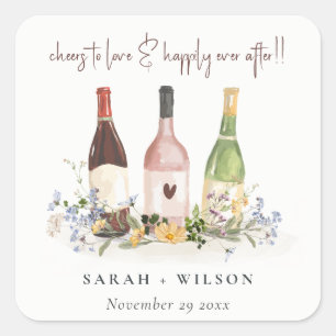Wilde bloemen Cheers to Love Wine Bottles Weddensc Vierkante Sticker