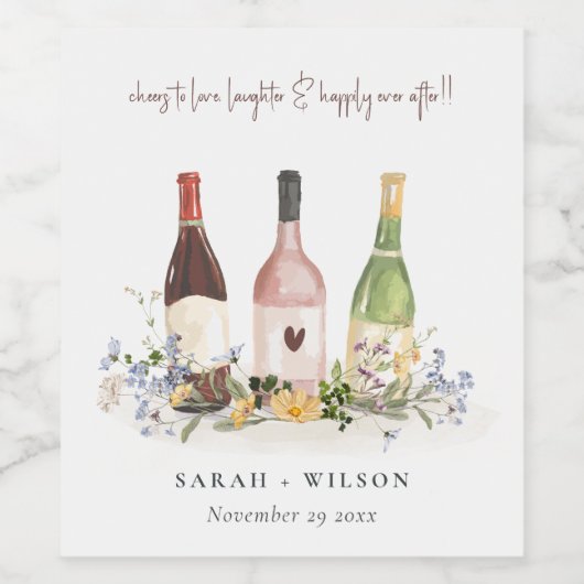 Wilde bloemen Cheers to Love Wine Bottles Weddensc Wijn Etiket (Enkel label)