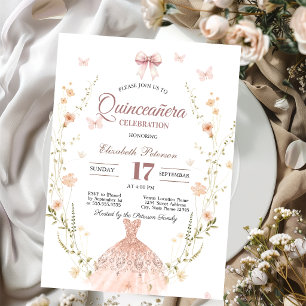 Wilde Bloemen Chic Glitter Jurk Strik Quinceanera Kaart