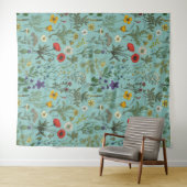 Wilde bloemen collage op blauw wandkleed (In Situ (horizontaal))