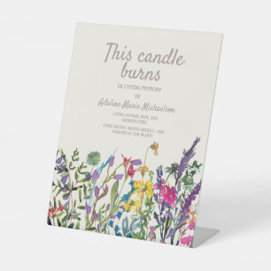 Wilde Bloemen Crème Paars Deze Kaars Brandende Her Reclamebord Met Voetstuk