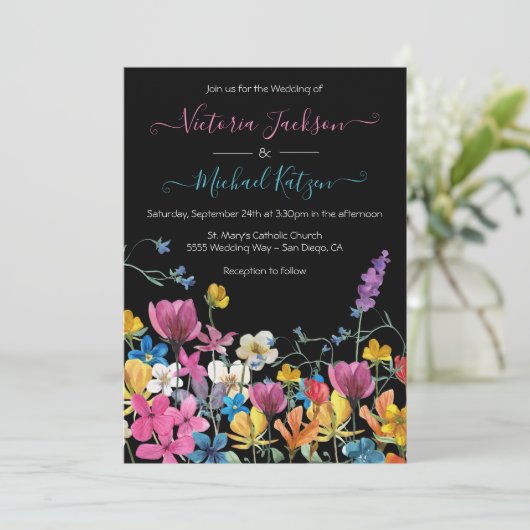 Wilde bloemen Dark Meadow Wedding Kaart (Staand voorkant)