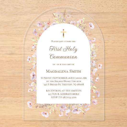 Wilde bloemen Eerste Heilige Communie Acryl Uitnodigingen (Voorkant)