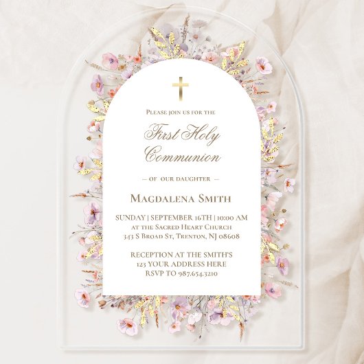 Wilde bloemen Eerste Heilige Communie Acryl Uitnodigingen