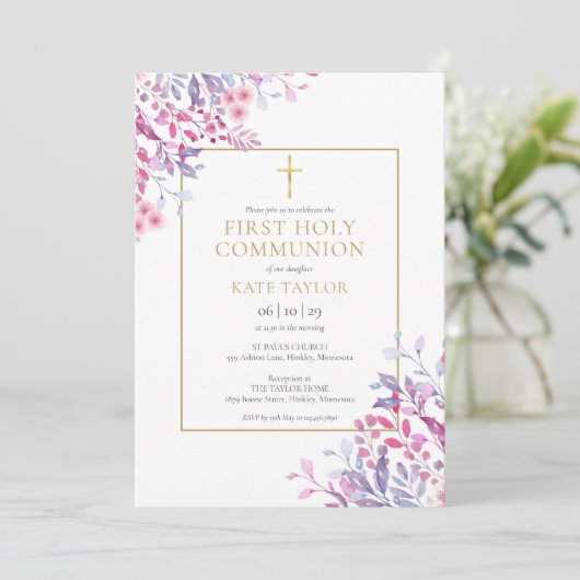 Wilde bloemen Eerste Heilige Communie Kaart (Staand voorkant)