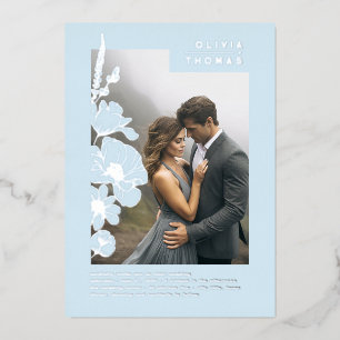 Wilde Bloemen Elegant Stof Blauw Trouwfoto Folie Uitnodiging