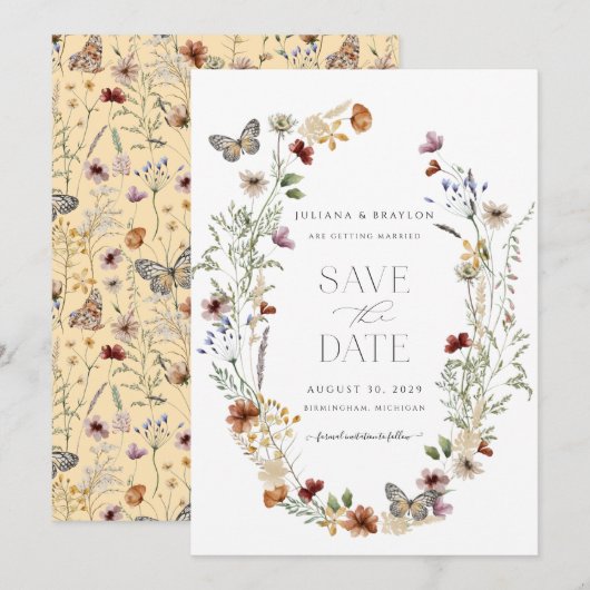 Wilde bloemen Elegant Waterverf Floral & Butterfy Save The Date (Voorkant / Achterkant)