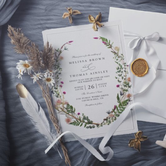 Wilde Bloemen Elegante Moderne Chic QR Code Trouwe Kaart