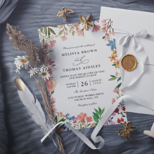 Wilde Bloemen Elegante Moderne Chic QR Code Trouwe Kaart