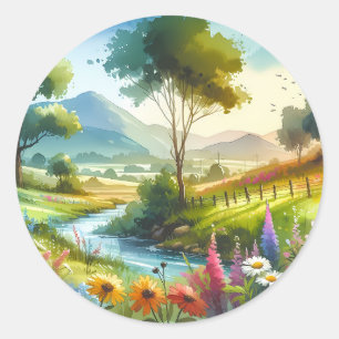 Wilde bloemen en beek in Spring Valley Ronde Sticker
