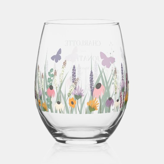Wilde bloemen en Butterflies Wedding Wijnglas Zonder Voet (Achterkant)