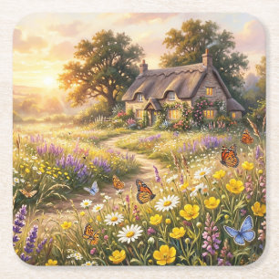 Wilde bloemen en een leuk huisje kartonnen onderzetters