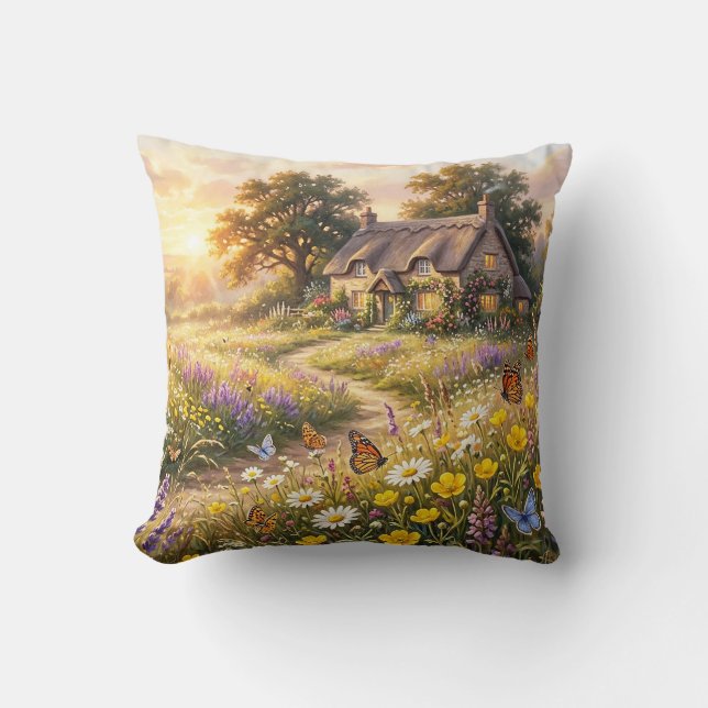 Wilde bloemen en een leuk huisje kussen (Voorkant)