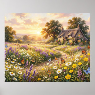 Wilde bloemen en een leuk huisje poster