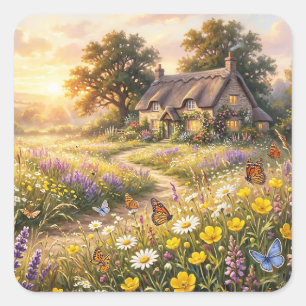 Wilde bloemen en een leuk huisje vierkante sticker