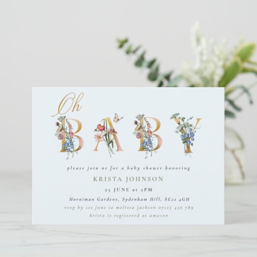  wilde bloemen en goud en blauw Baby shower Kaart (Staand voorkant)