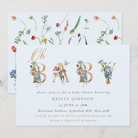  wilde bloemen en goud en blauw Baby shower Kaart (Voorkant / Achterkant)