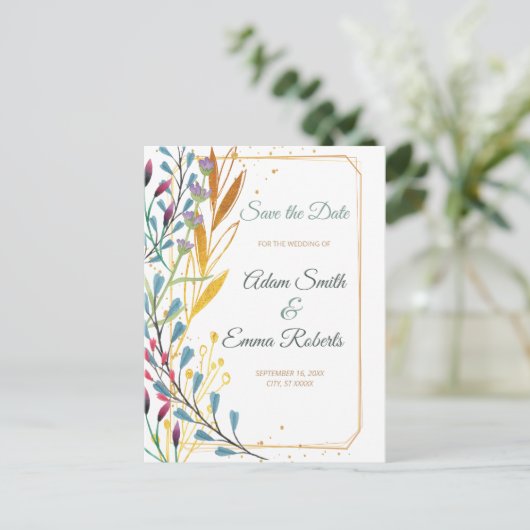 Wilde bloemen en gouden enkels sparen de datum van briefkaart (Staand voorkant)