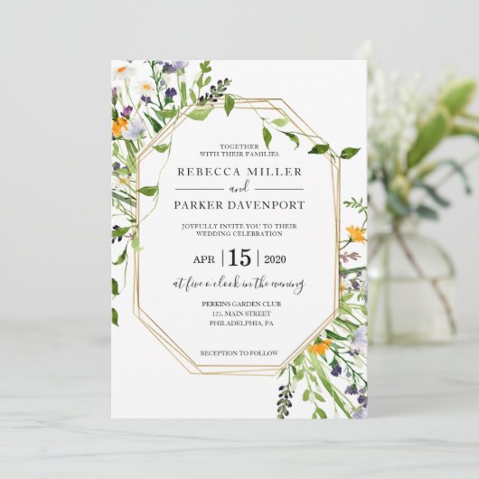 Wilde bloemen en goudweddenschappen kaart (Staand voorkant)